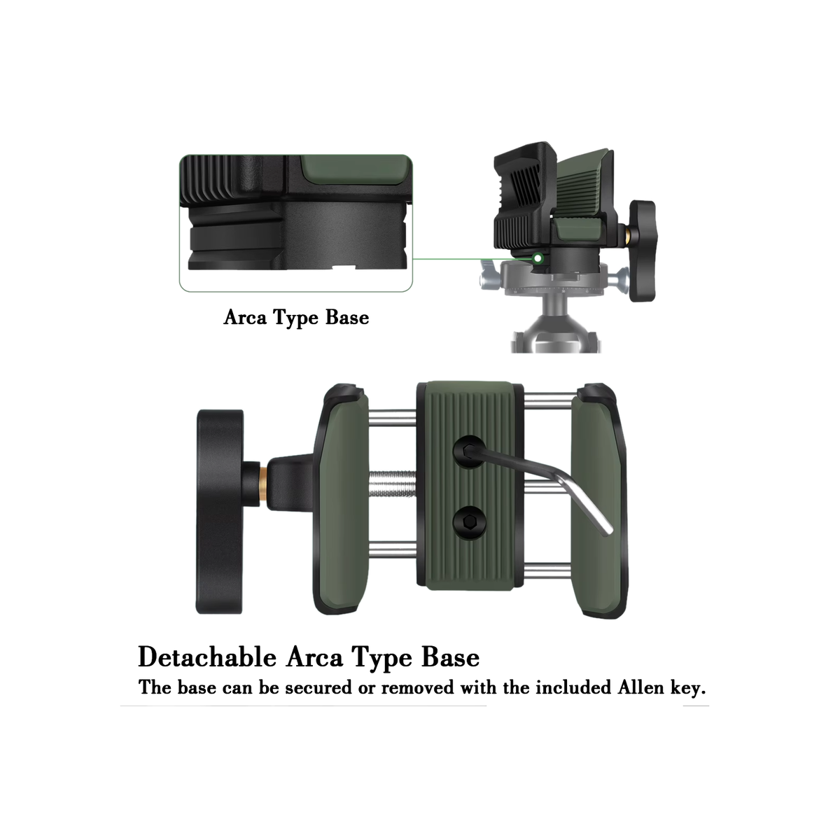 Detachable ARCA type base on the rifle saddle clamp, removed with the included Allen key