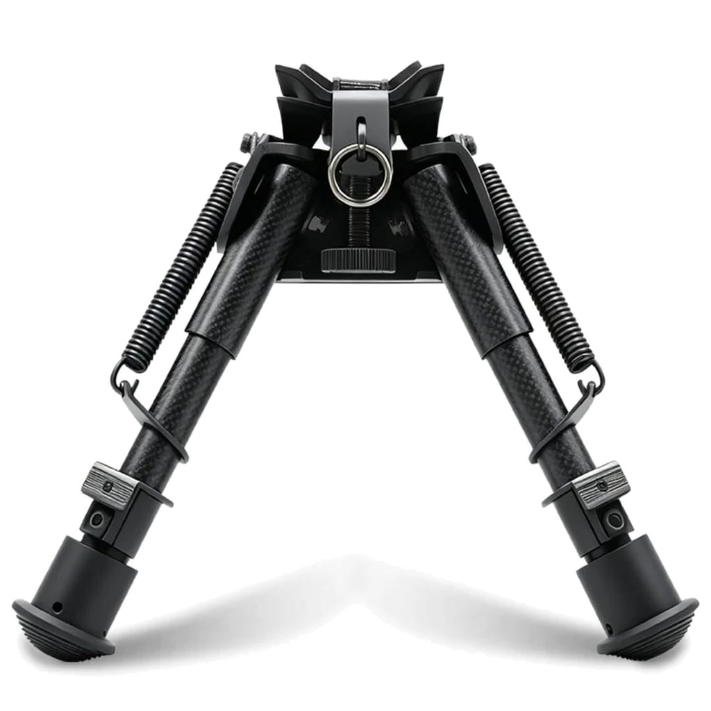 Carbon fibre Harris style bipod, front view with tension springs and sling stud swivel