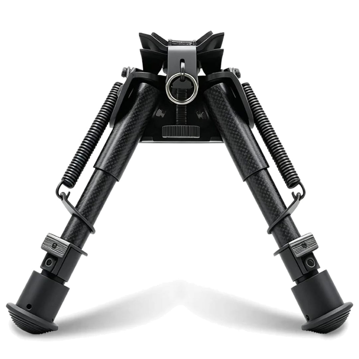 Carbon fibre Harris style bipod, front view with tension springs and sling stud swivel