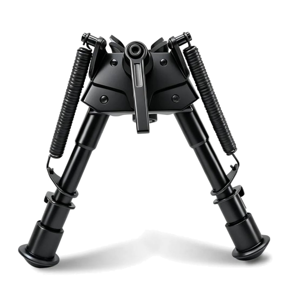 Harris style rifle bipod, alloy version front view with legs splayed and sling stud mount