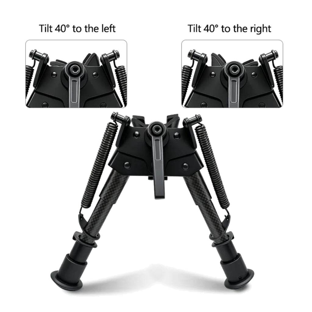 Harris style bipod cant function, insets showing 40 degree tilt to the left and 40 degree tilt to the right