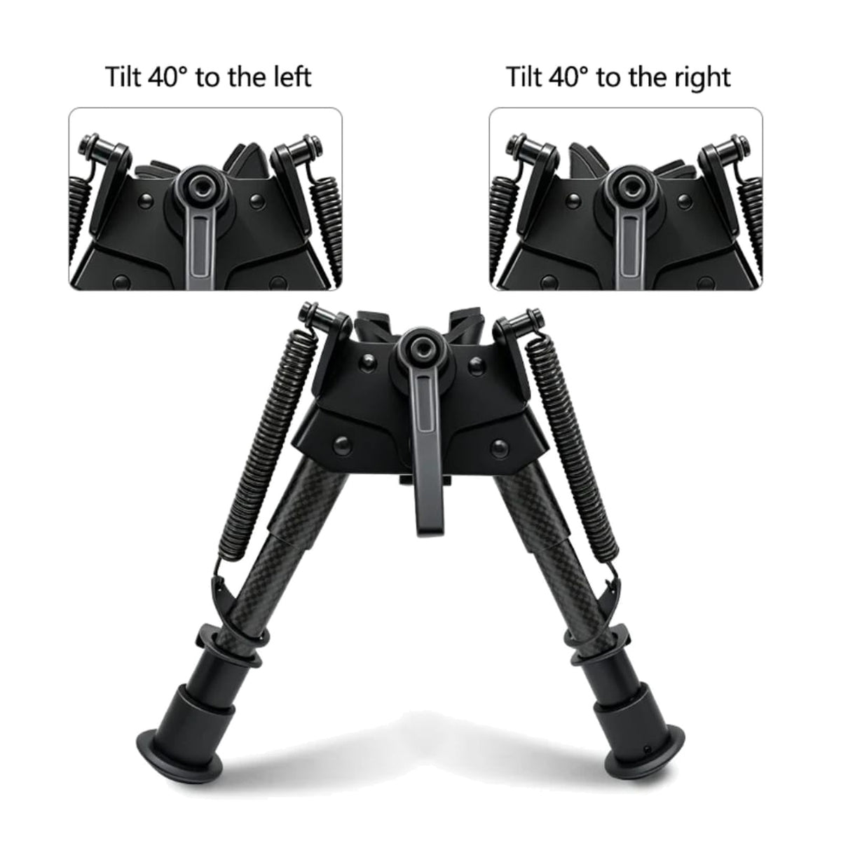 Harris style bipod cant function, insets showing 40 degree tilt to the left and 40 degree tilt to the right