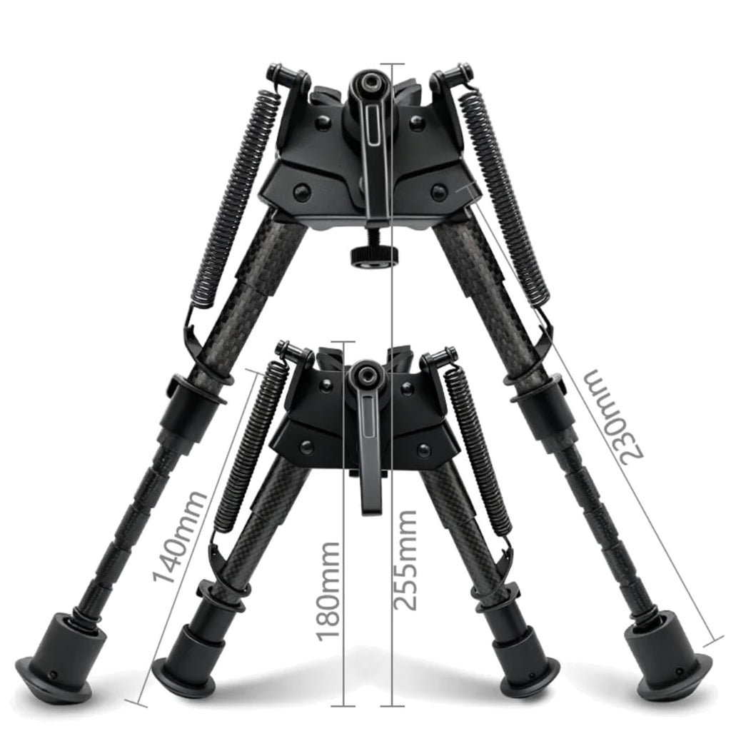 Harris style bipod dimension diagram showing 140mm leg length, 180mm and 255mm heights and 230mm leg spread