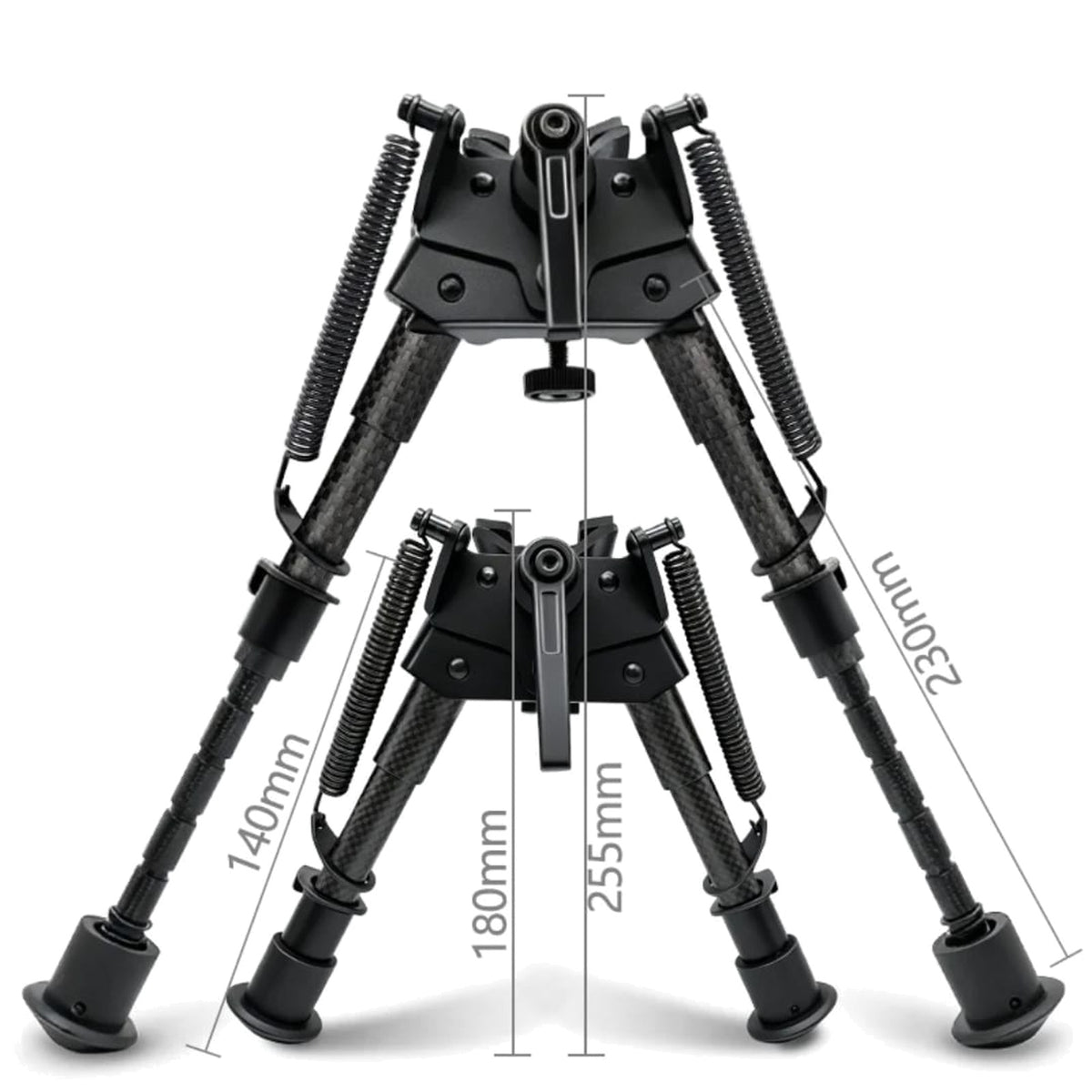 Harris style bipod dimension diagram showing 140mm leg length, 180mm and 255mm heights and 230mm leg spread