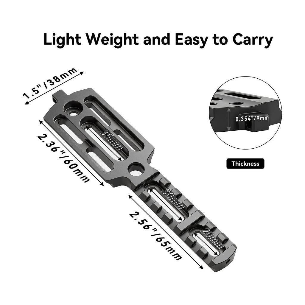 PRS rail dimensions: 60mm ARCA section, 65mm Picatinny section, 38mm wide, 9mm dovetail
