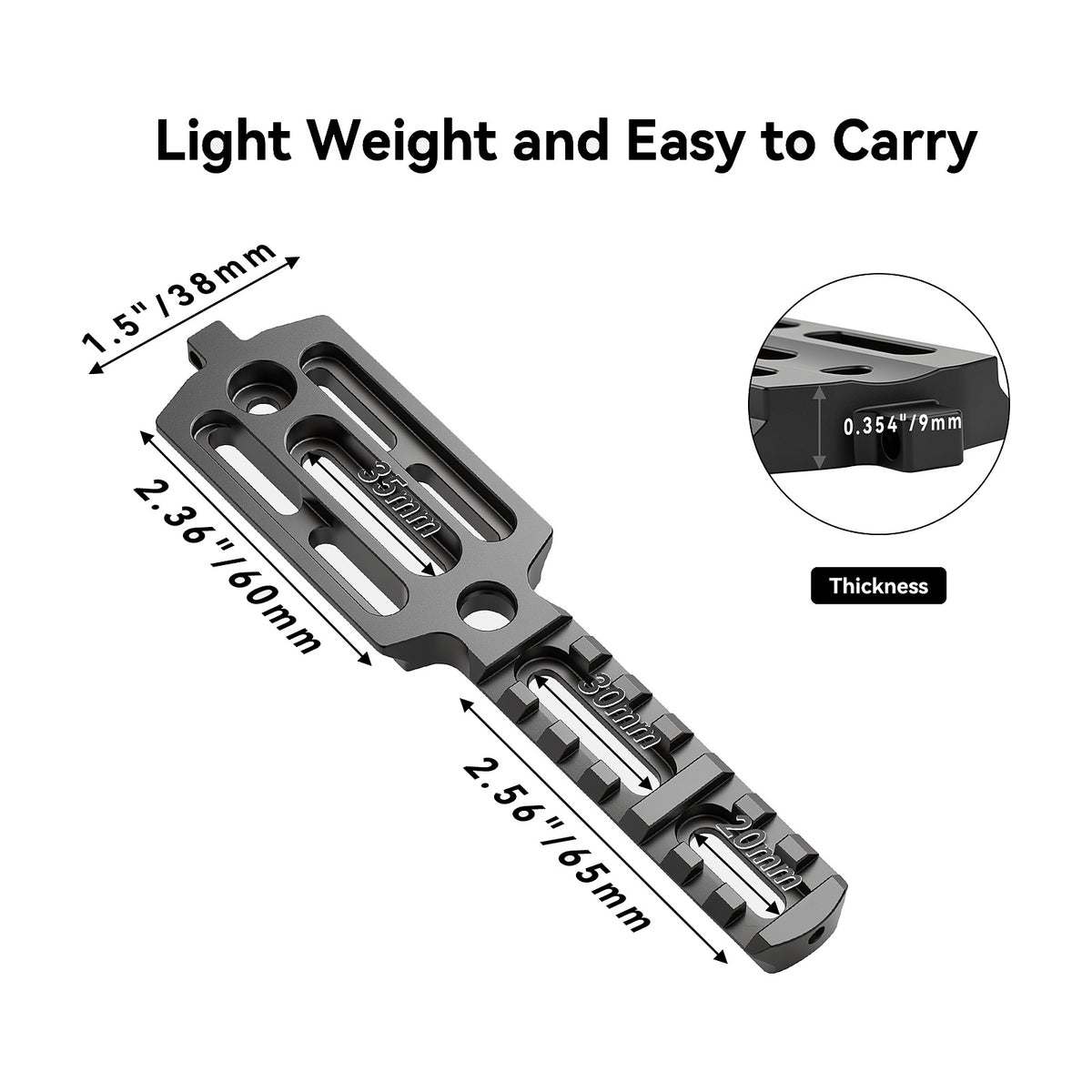 PRS rail dimensions: 60mm ARCA section, 65mm Picatinny section, 38mm wide, 9mm dovetail