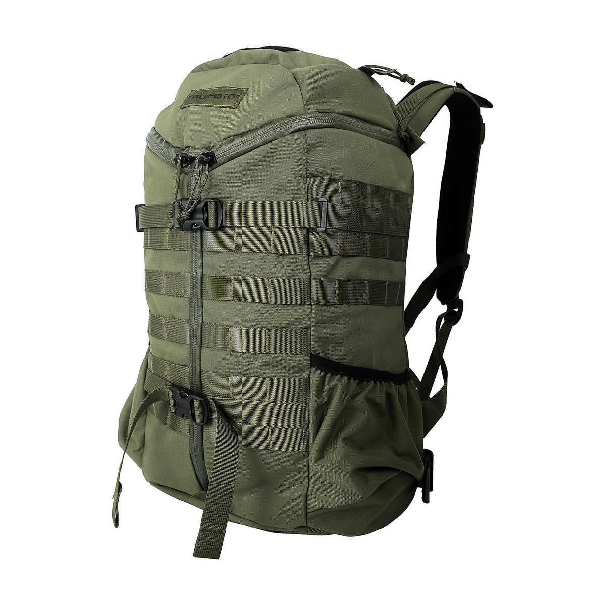 27L olive green trail backpack, front view with MOLLE webbing and compression straps