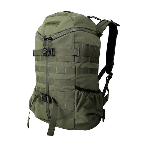 27L olive green trail backpack, front view with MOLLE webbing and compression straps