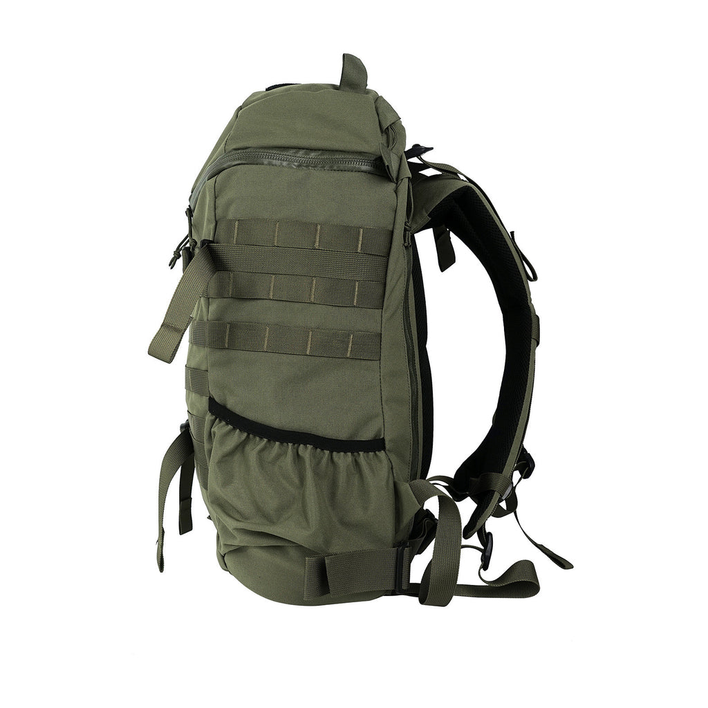 Side view of the 27L olive green daypack showing side mesh pocket and padded shoulder straps