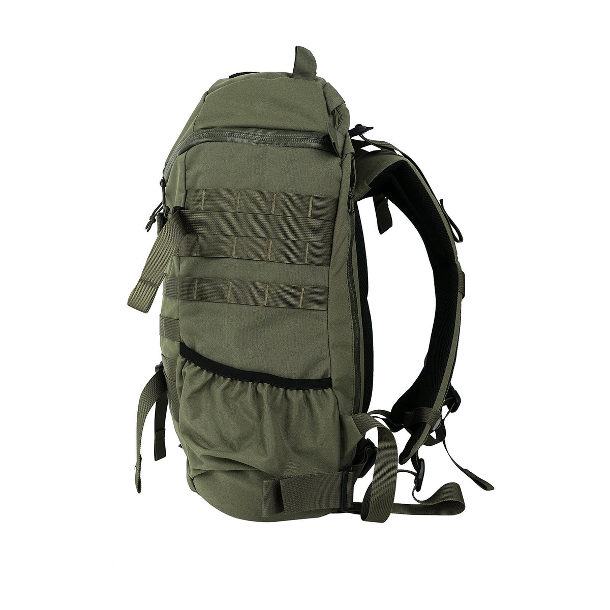 Side view of the 27L olive green daypack showing side mesh pocket and padded shoulder straps