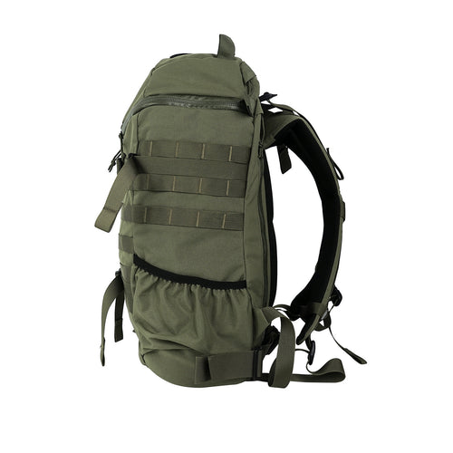 Side view of the 27L olive green daypack showing side mesh pocket and padded shoulder straps