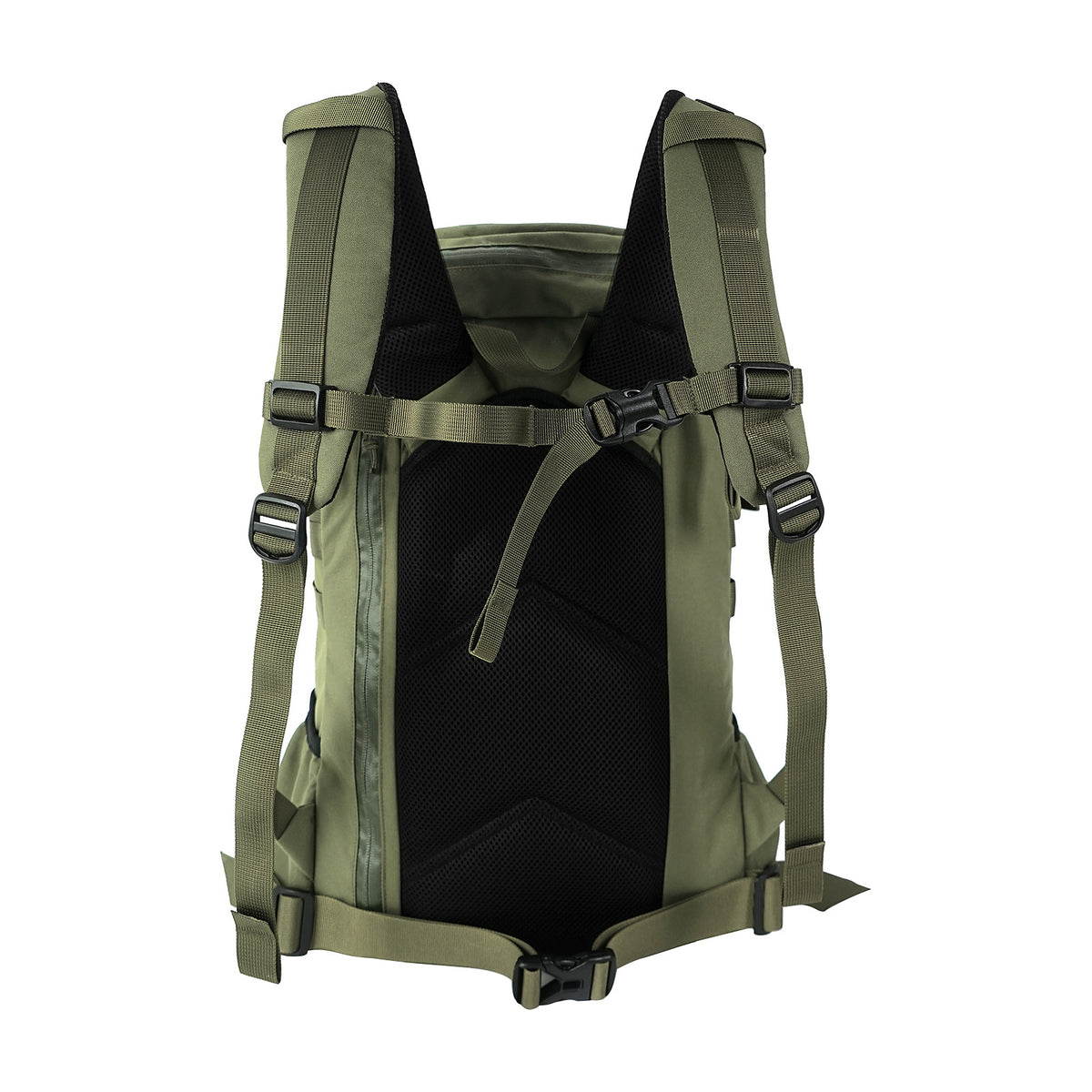 Back panel of the 27L trail backpack with mesh harness, sternum strap and removable waist belt