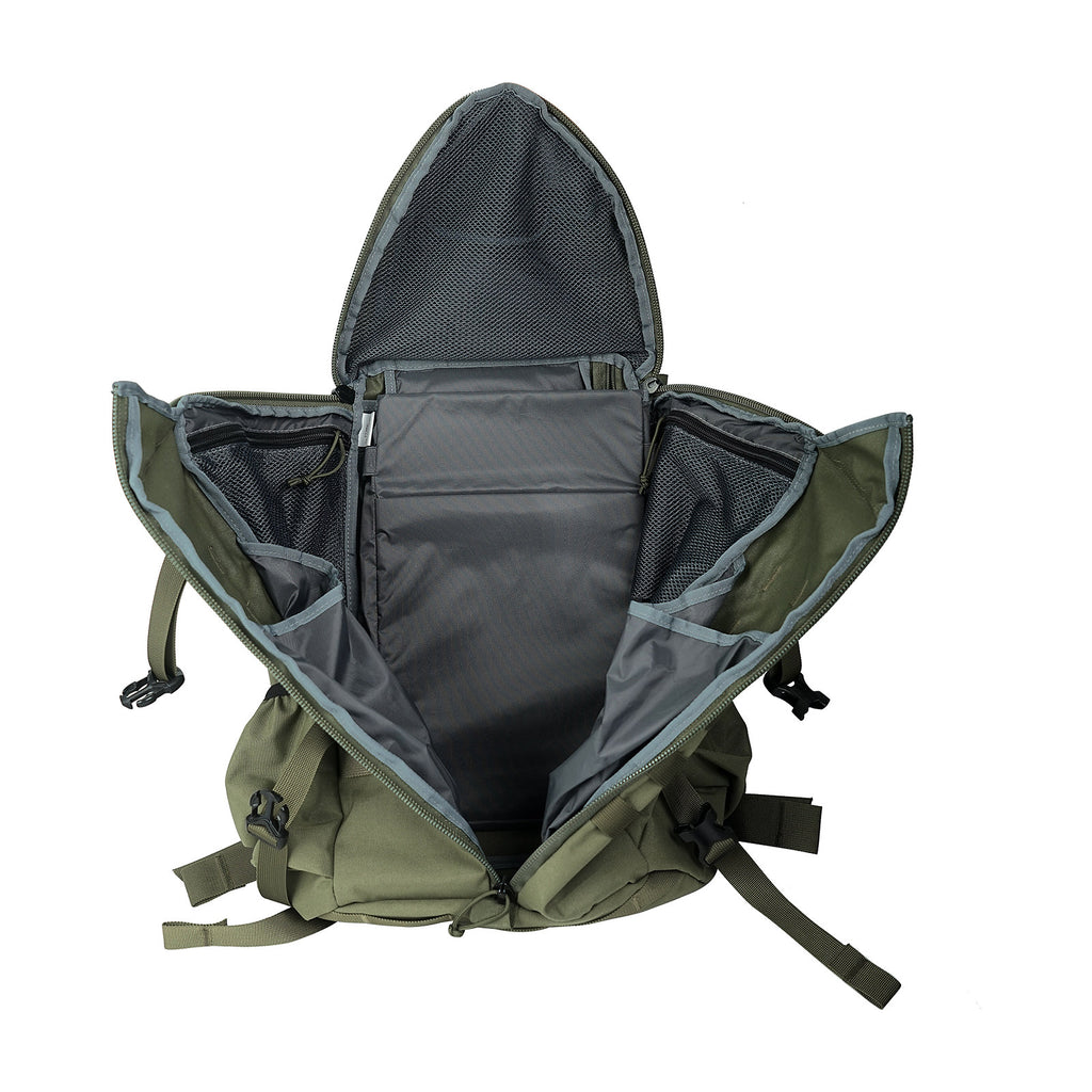 27L trail backpack opened flat showing internal mesh hanging pockets and open pocket