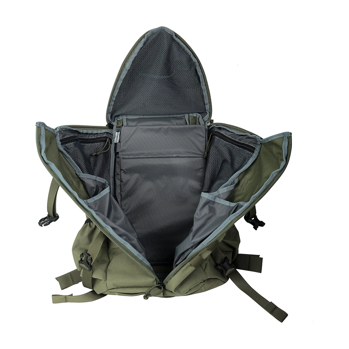 27L trail backpack opened flat showing internal mesh hanging pockets and open pocket