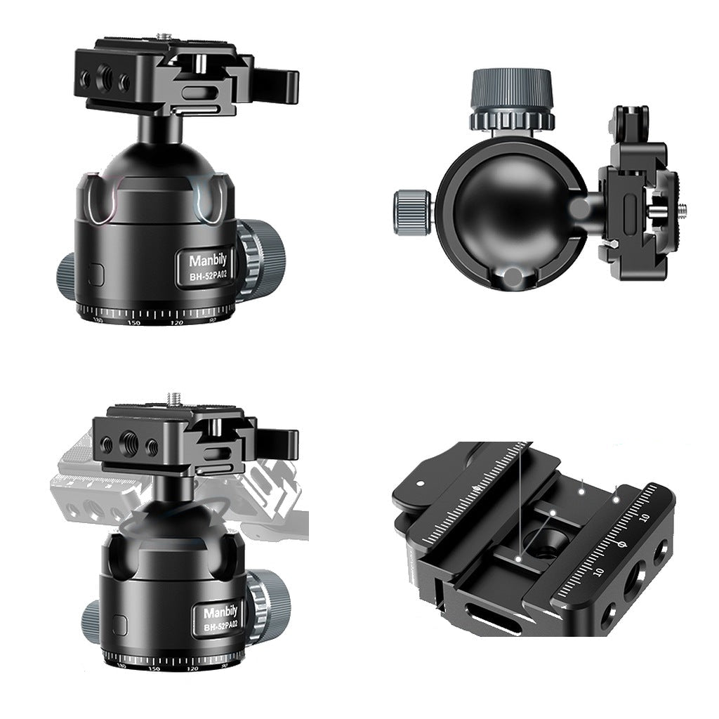 52mm tripod ball head from four angles showing the dual-ring tension knob, 360 degree pan scale and ARCA Picatinny clamp