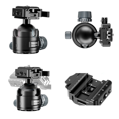 52mm tripod ball head from four angles showing the dual-ring tension knob, 360 degree pan scale and ARCA Picatinny clamp