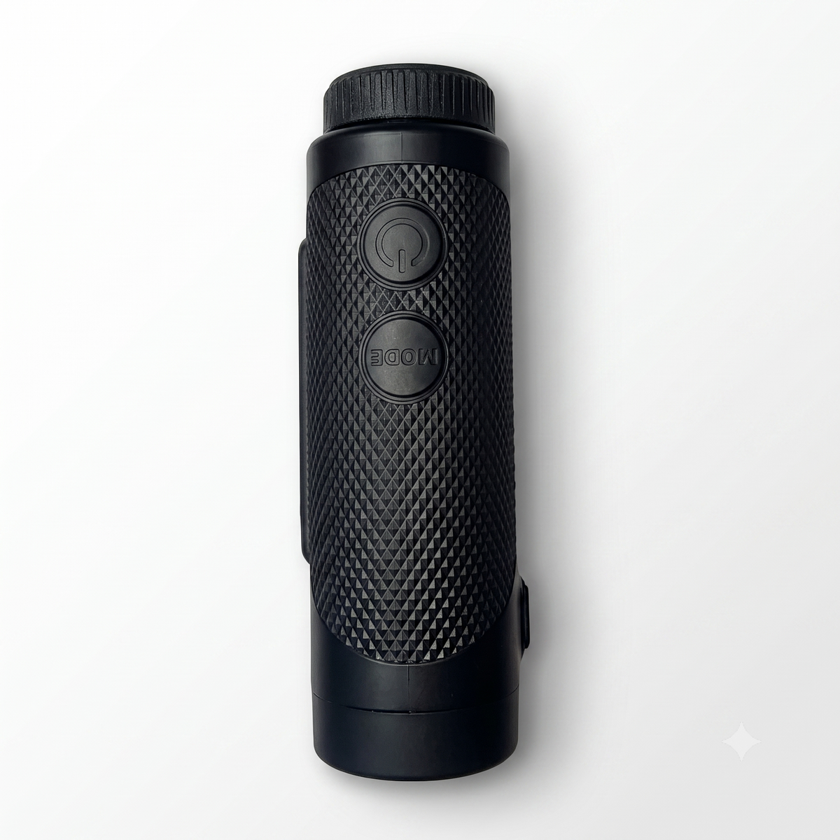 HH rangefinder monocular side view showing the power and mode buttons on the textured grip