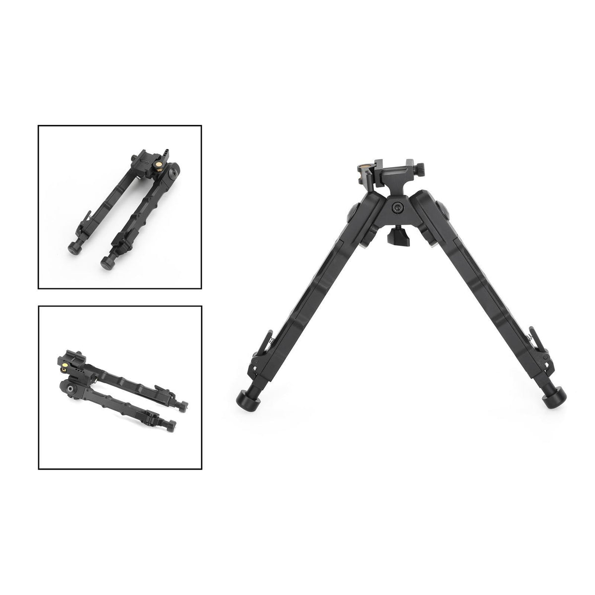 HH lightweight hunter bipod deployed, with inset views of the legs folded along the rifle