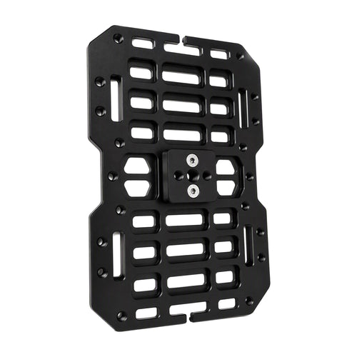 Angled view of the anodised aluminium Arca shooting plate for tripod shooting bag setups