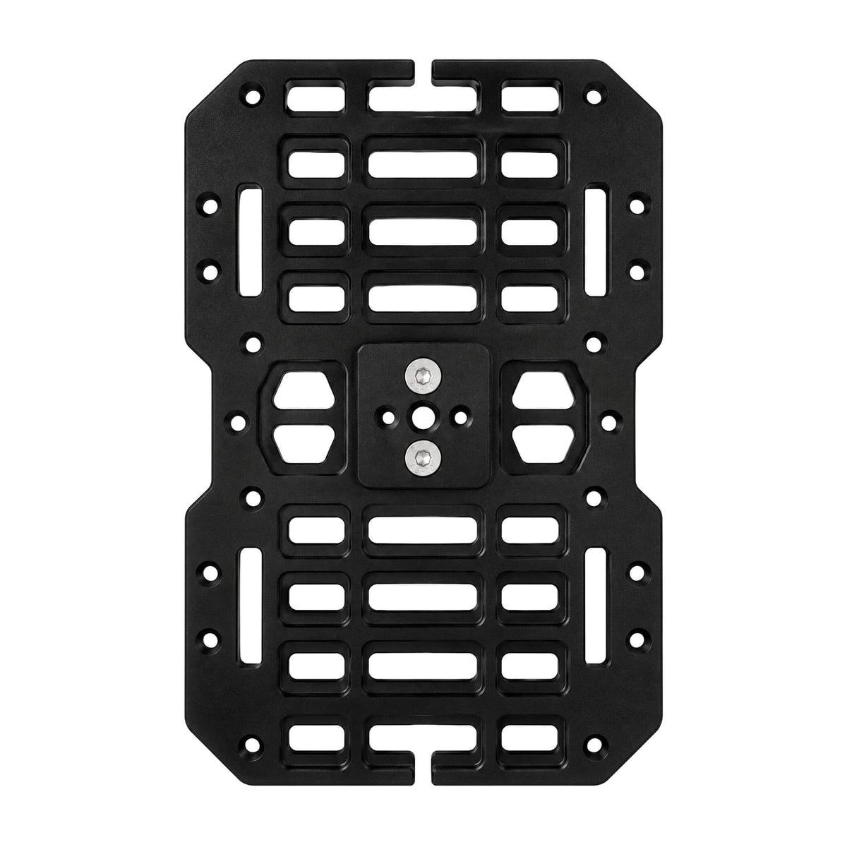 Underside of the black Arca mounted shooting plate showing the Arca-Swiss mounting block