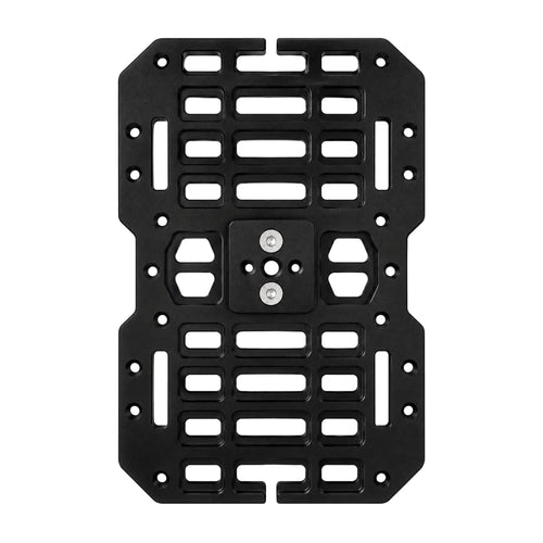 Underside of the black Arca mounted shooting plate showing the Arca-Swiss mounting block