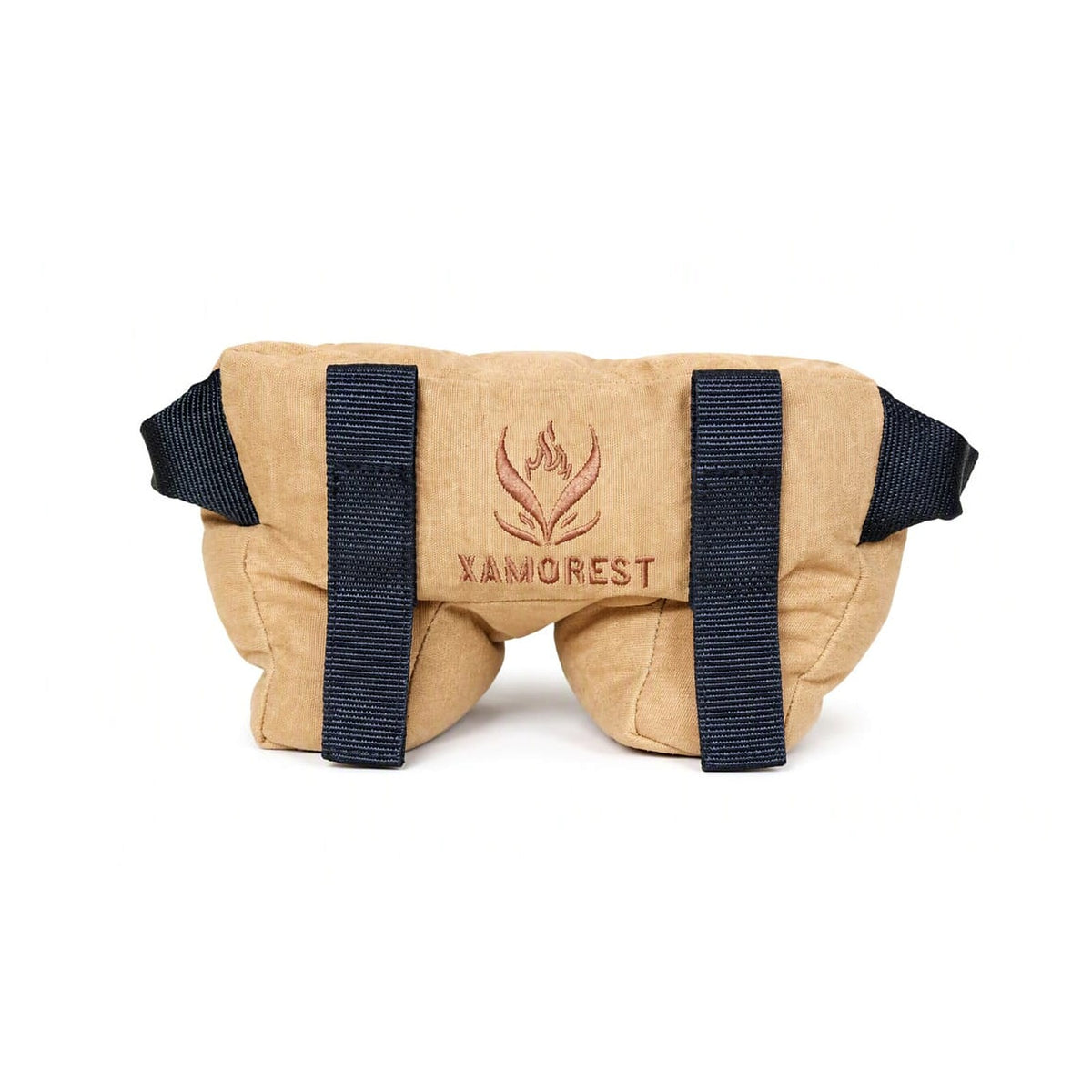 Front of the tan Oxford cloth shooting rest bag with black carry straps