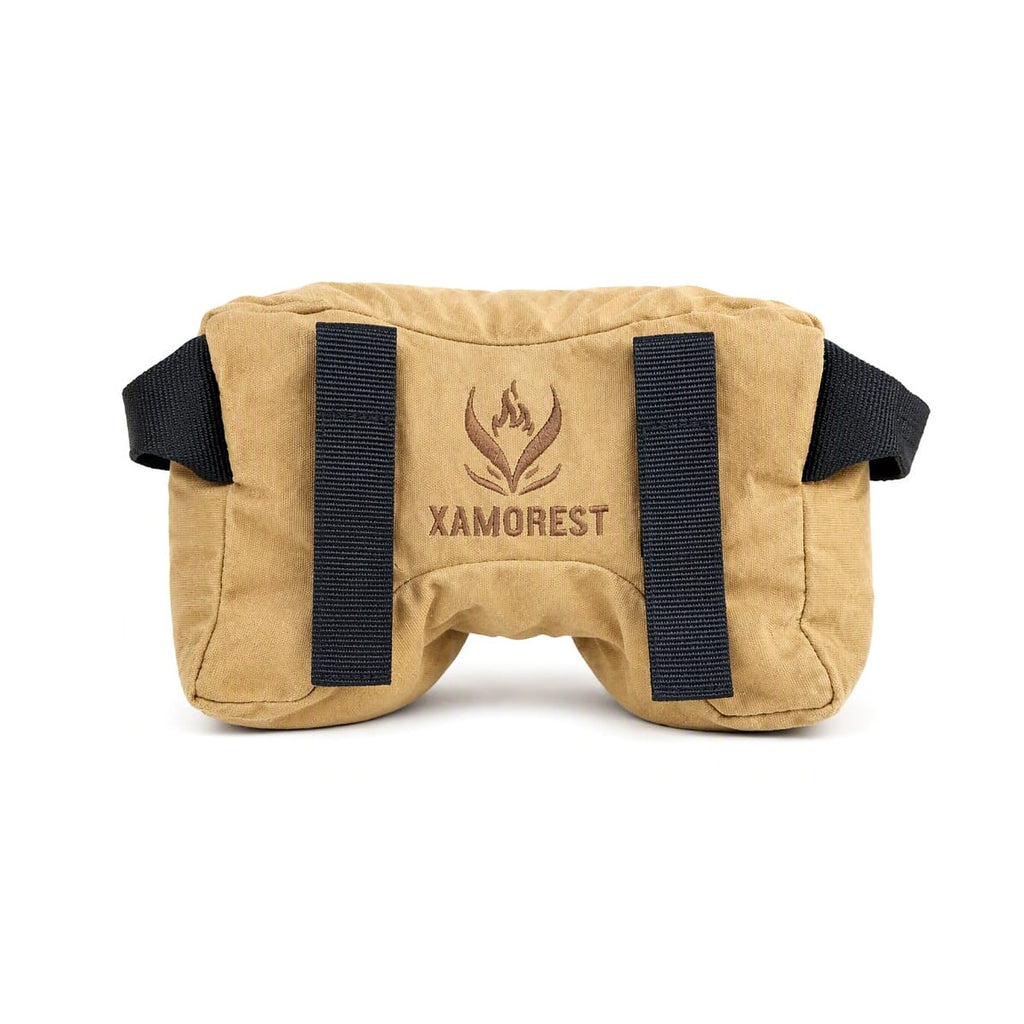 Back of the unfilled shooting rest bag showing the saddle gap and black carry straps